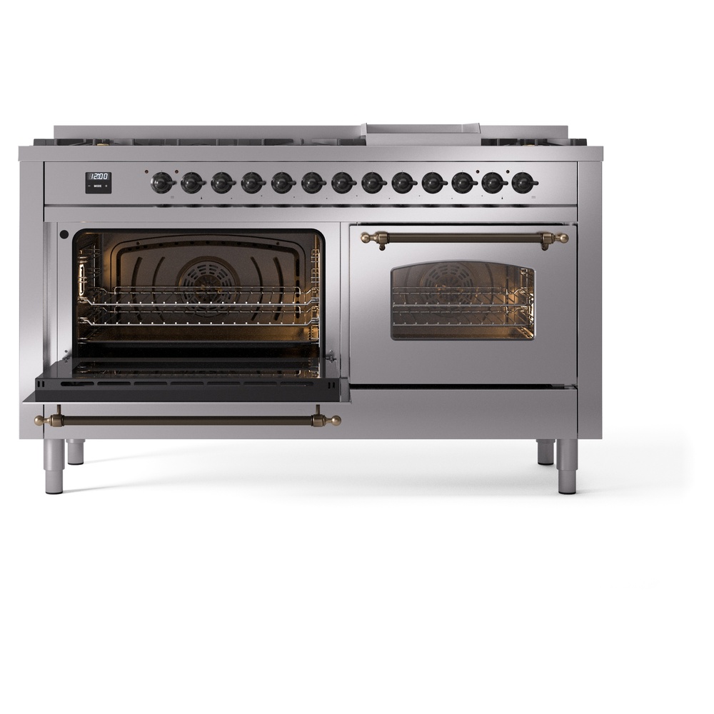 Nostalgie II 60 UP60FNMPSSB Freestanding Dual Fuel Range with 9 Sealed Burners with Griddle Double Oven with Triple Glass Door with Bronze knobs UP60FNMPSSB