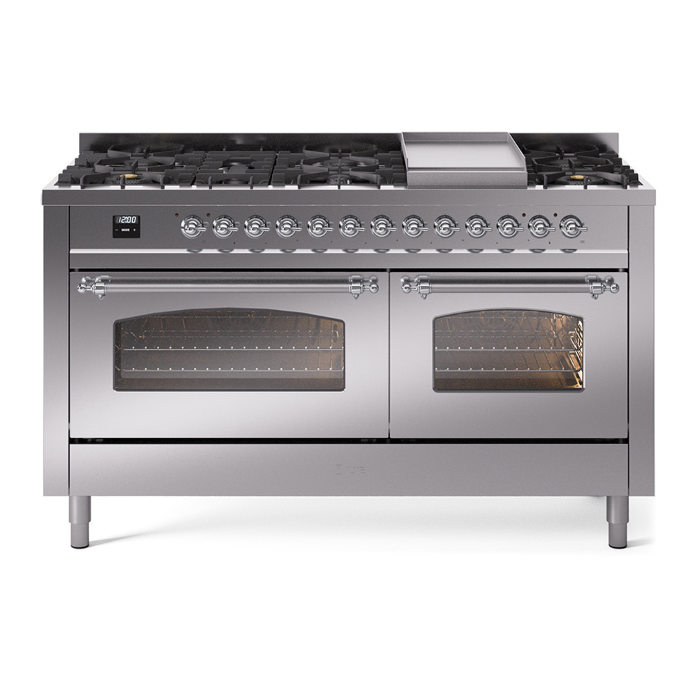 Nostalgie II 60 UP60FNMPSSC Freestanding Dual Fuel Range with 9 Sealed Burners with Griddle Double Oven with Triple Glass Door with Chrome knobs UP60FNMPSSCLP