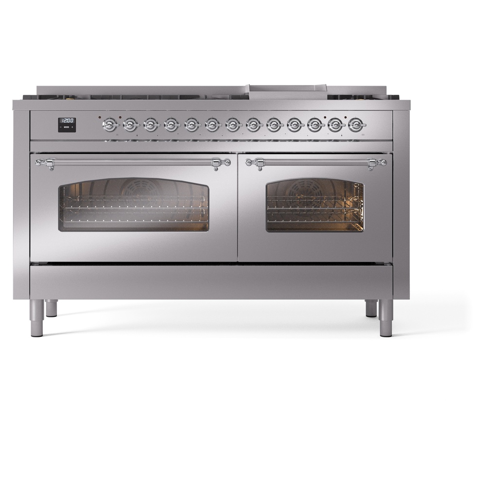 Nostalgie II 60 UP60FNMPSSC Freestanding Dual Fuel Range with 9 Sealed Burners with Griddle Double Oven with Triple Glass Door with Chrome knobs UP60FNMPSSCLP