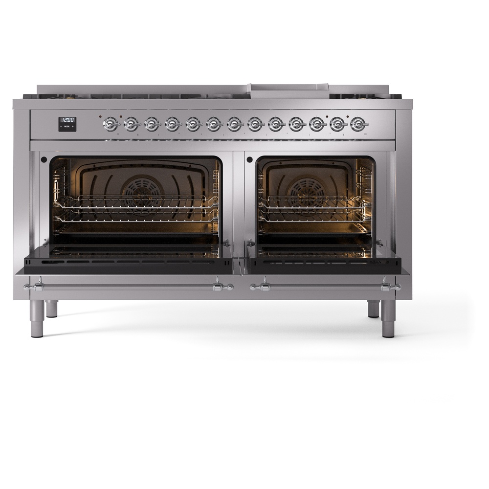 Nostalgie II 60 UP60FNMPSSC Freestanding Dual Fuel Range with 9 Sealed Burners with Griddle Double Oven with Triple Glass Door with Chrome knobs UP60FNMPSSCLP