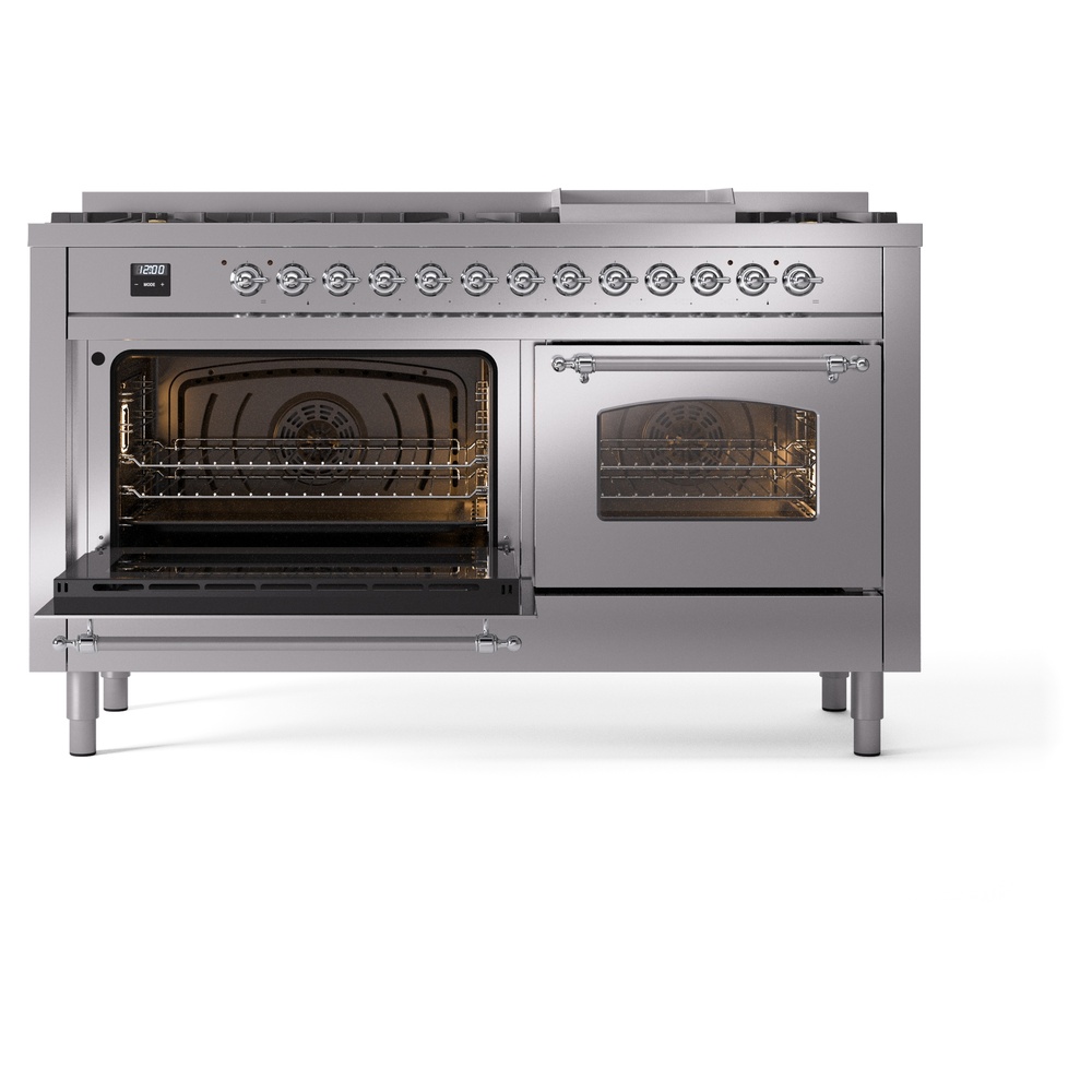 Nostalgie II 60 UP60FNMPSSC Freestanding Dual Fuel Range with 9 Sealed Burners with Griddle Double Oven with Triple Glass Door with Chrome knobs UP60FNMPSSCLP