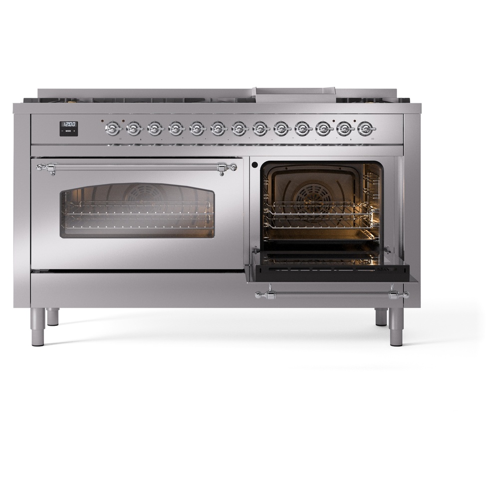 Nostalgie II 60 UP60FNMPSSC Freestanding Dual Fuel Range with 9 Sealed Burners with Griddle Double Oven with Triple Glass Door with Chrome knobs UP60FNMPSSCLP