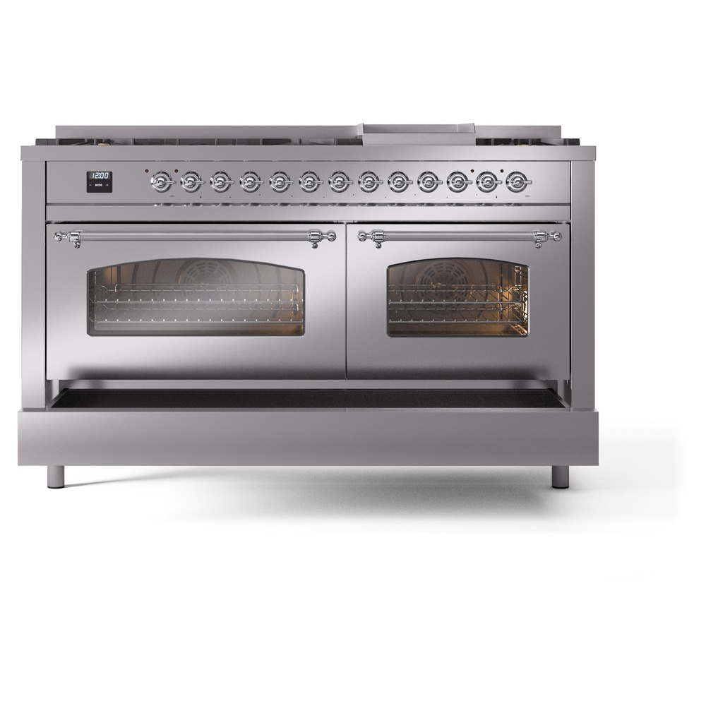 Nostalgie II 60 UP60FNMPSSC Freestanding Dual Fuel Range with 9 Sealed Burners with Griddle Double Oven with Triple Glass Door with Chrome knobs UP60FNMPSSCLP
