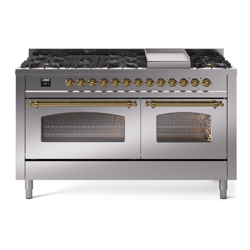 Nostalgie II 60 UP60FNMPSSG Freestanding Dual Fuel Range with 9 Sealed Burners with Griddle Double Oven with Triple Glass Door with Brass knobs UP60FNMPSSGLP