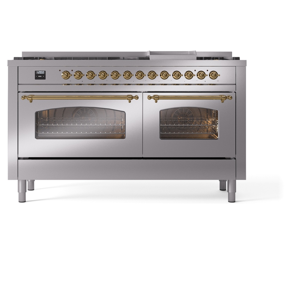 Nostalgie II 60 UP60FNMPSSG Freestanding Dual Fuel Range with 9 Sealed Burners with Griddle Double Oven with Triple Glass Door with Brass knobs UP60FNMPSSGLP