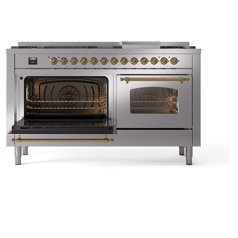 Nostalgie II 60 UP60FNMPSSG Freestanding Dual Fuel Range with 9 Sealed Burners with Griddle Double Oven with Triple Glass Door with Brass knobs UP60FNMPSSGLP