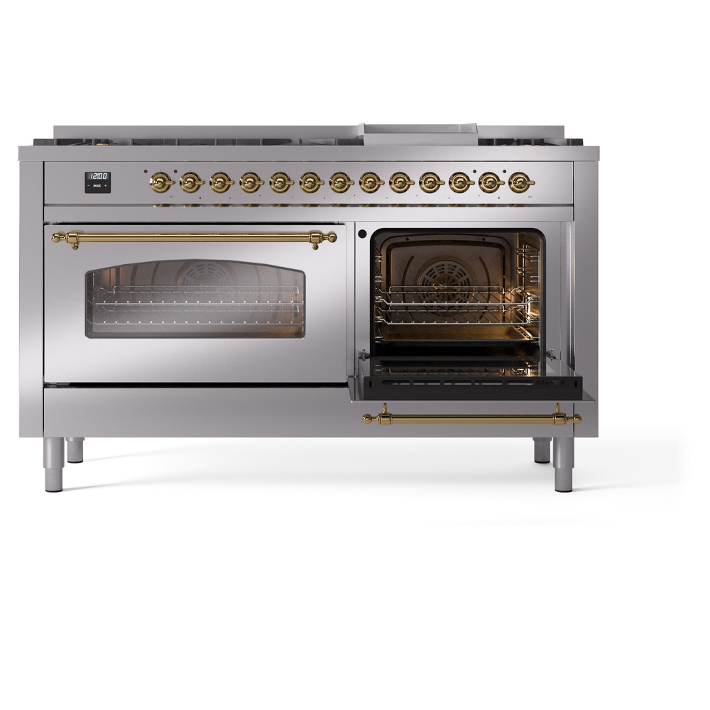 Nostalgie II 60 UP60FNMPSSG Freestanding Dual Fuel Range with 9 Sealed Burners with Griddle Double Oven with Triple Glass Door with Brass knobs UP60FNMPSSGLP