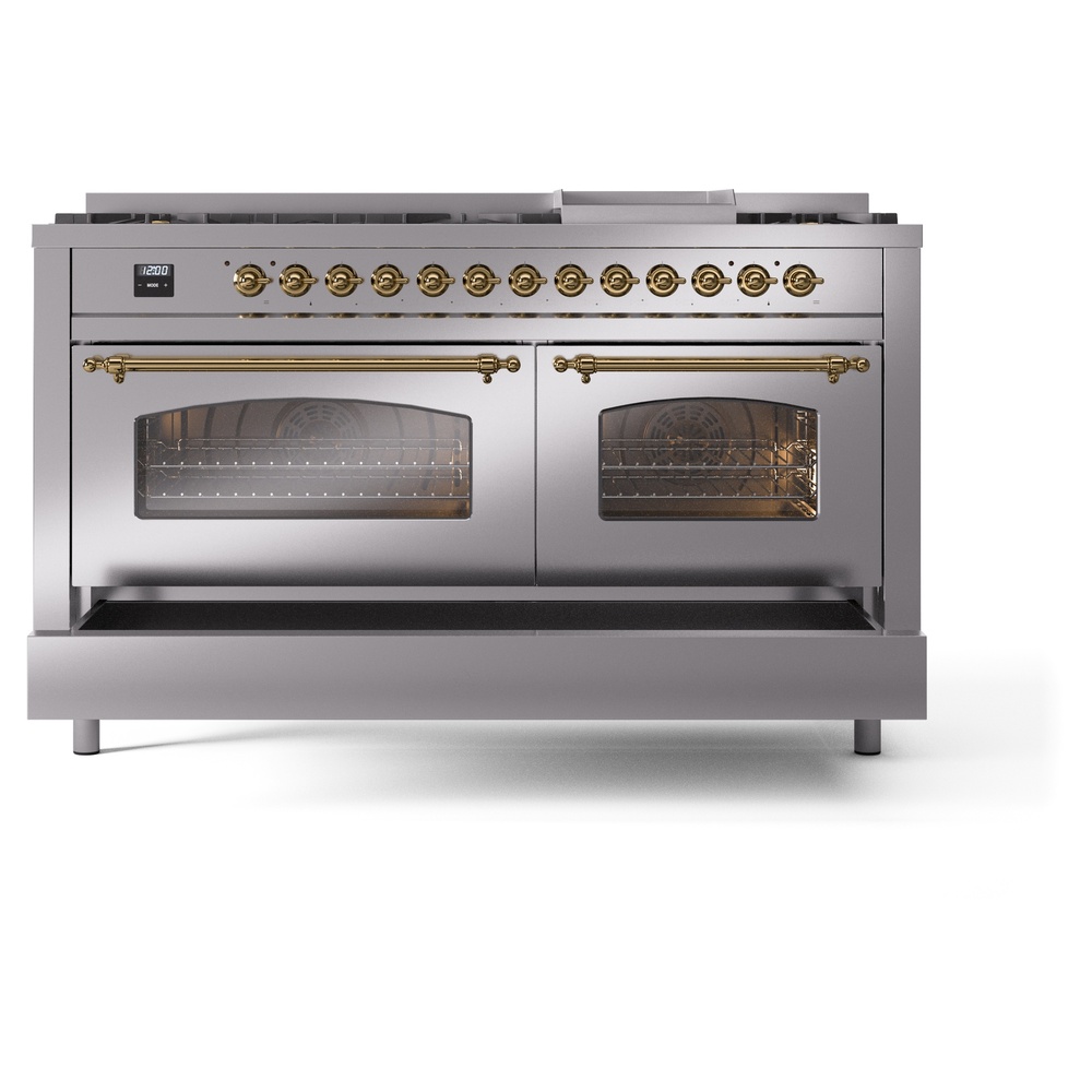 Nostalgie II 60 UP60FNMPSSG Freestanding Dual Fuel Range with 9 Sealed Burners with Griddle Double Oven with Triple Glass Door with Brass knobs UP60FNMPSSGLP