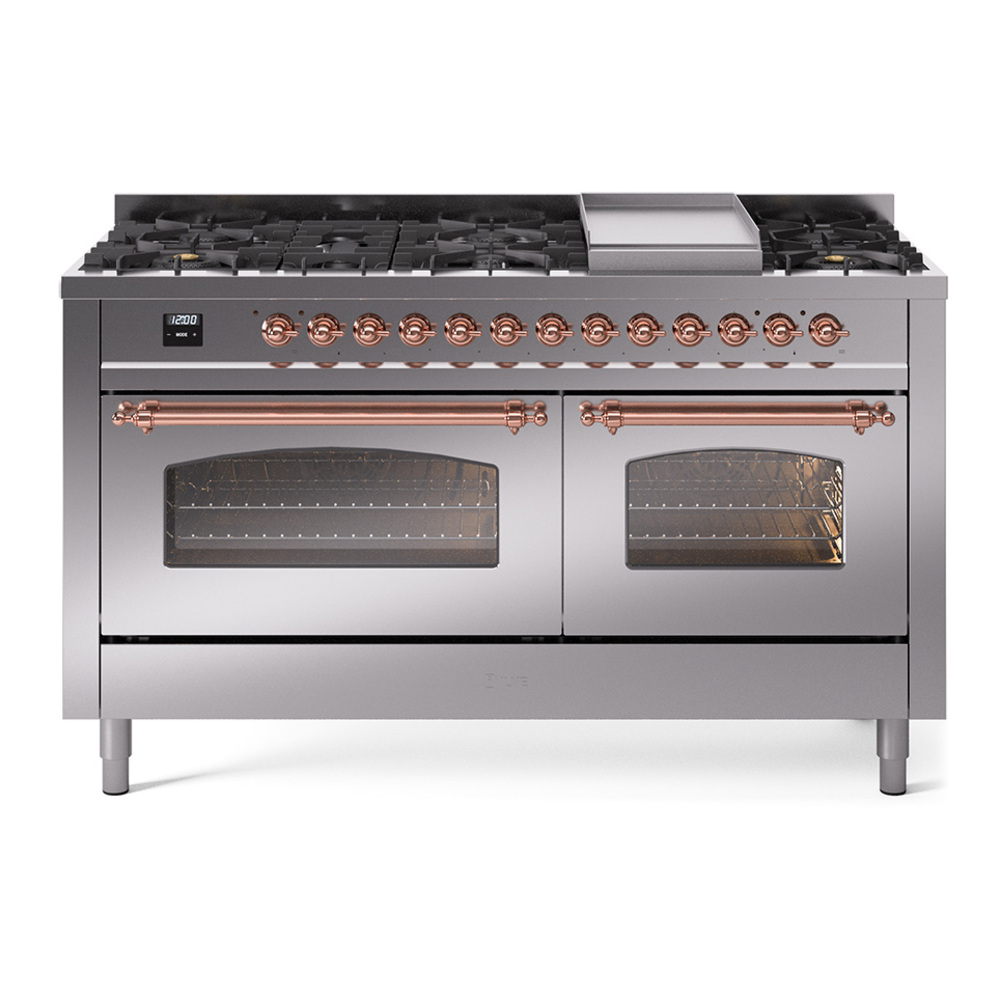 Nostalgie II 60 UP60FNMPSSP Freestanding Dual Fuel Range with 9 Sealed Burners with Griddle Double Oven with Triple Glass Door with Copper knobs UP60FNMPSSPLP