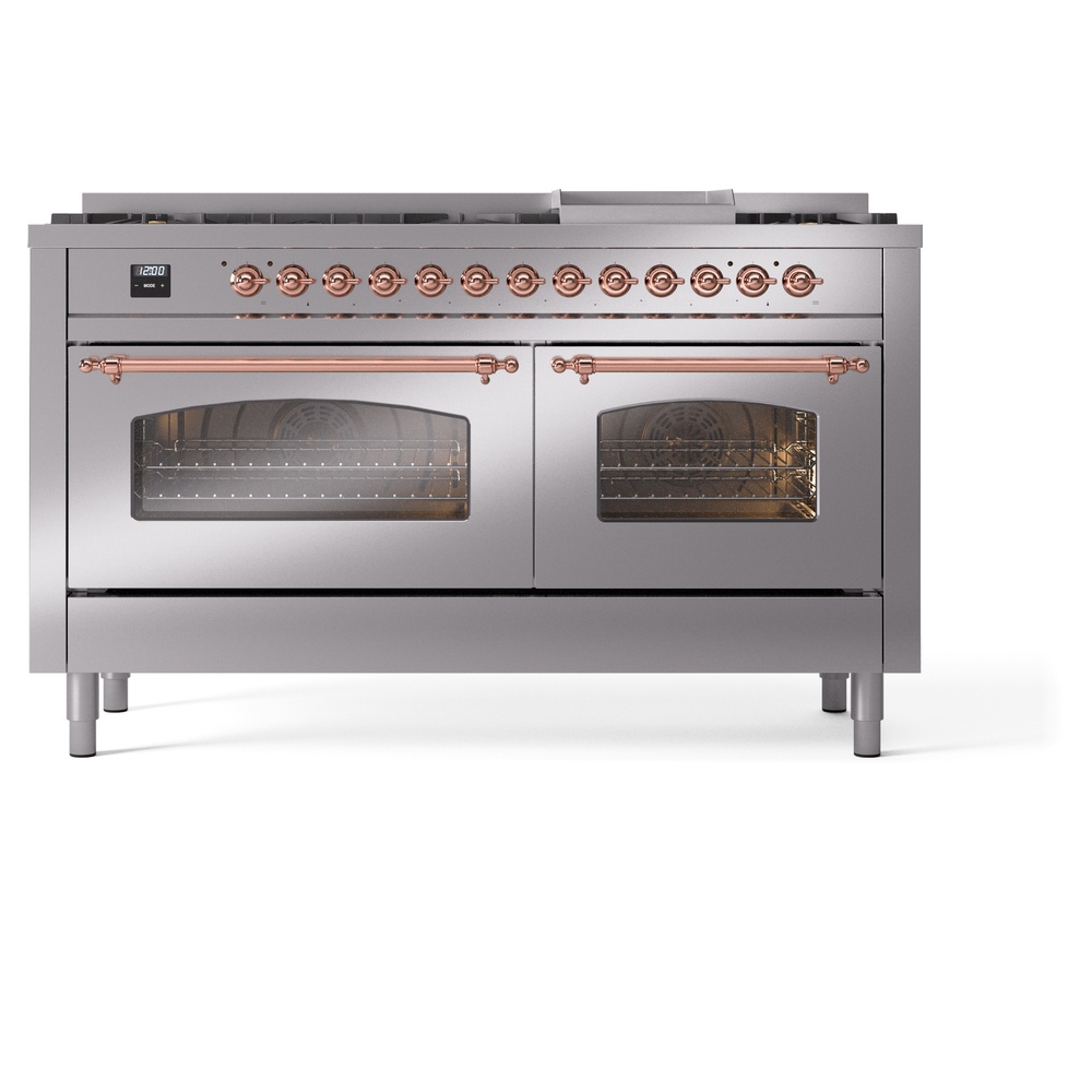 Nostalgie II 60 UP60FNMPSSP Freestanding Dual Fuel Range with 9 Sealed Burners with Griddle Double Oven with Triple Glass Door with Copper knobs UP60FNMPSSPLP