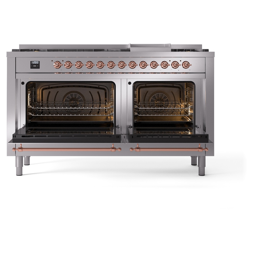 Nostalgie II 60 UP60FNMPSSP Freestanding Dual Fuel Range with 9 Sealed Burners with Griddle Double Oven with Triple Glass Door with Copper knobs UP60FNMPSSPLP