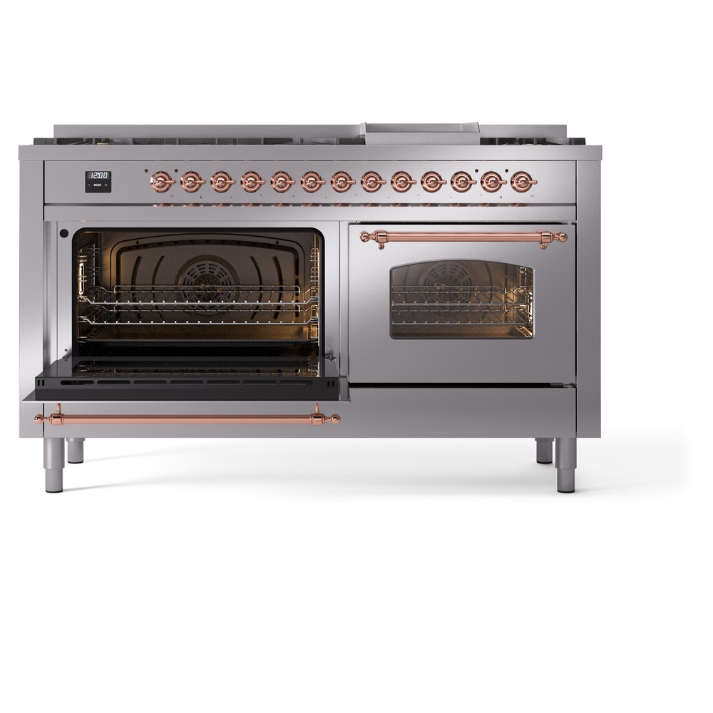 Nostalgie II 60 UP60FNMPSSP Freestanding Dual Fuel Range with 9 Sealed Burners with Griddle Double Oven with Triple Glass Door with Copper knobs UP60FNMPSSPLP