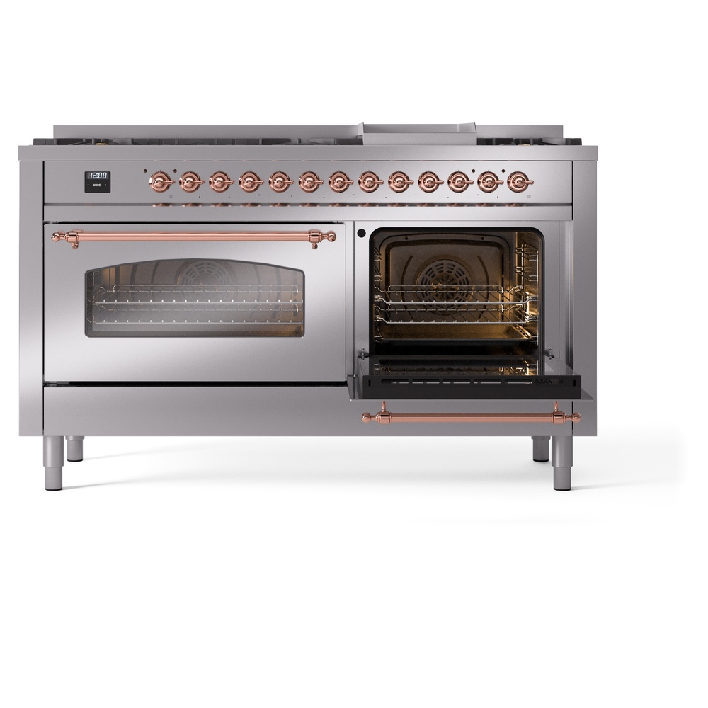 Nostalgie II 60 UP60FNMPSSP Freestanding Dual Fuel Range with 9 Sealed Burners with Griddle Double Oven with Triple Glass Door with Copper knobs UP60FNMPSSP