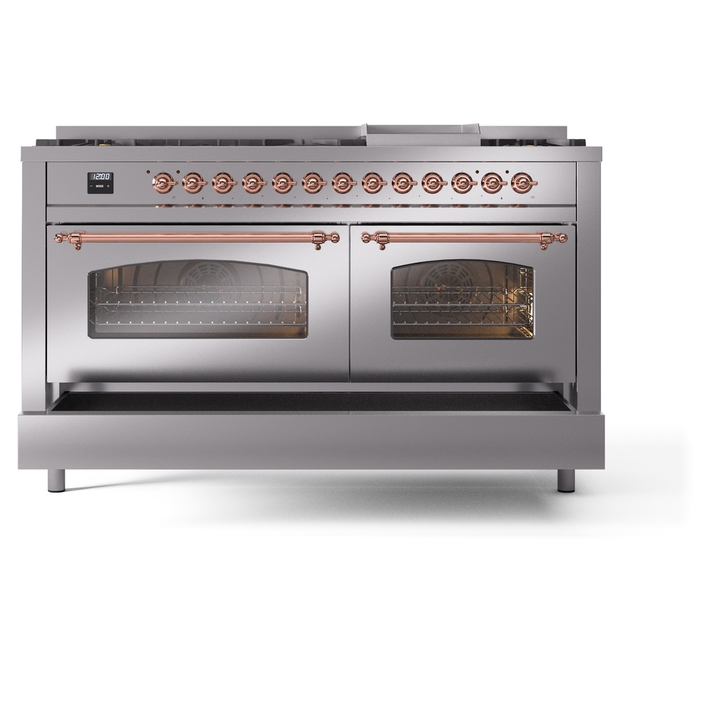 Nostalgie II 60 UP60FNMPSSP Freestanding Dual Fuel Range with 9 Sealed Burners with Griddle Double Oven with Triple Glass Door with Copper knobs UP60FNMPSSP