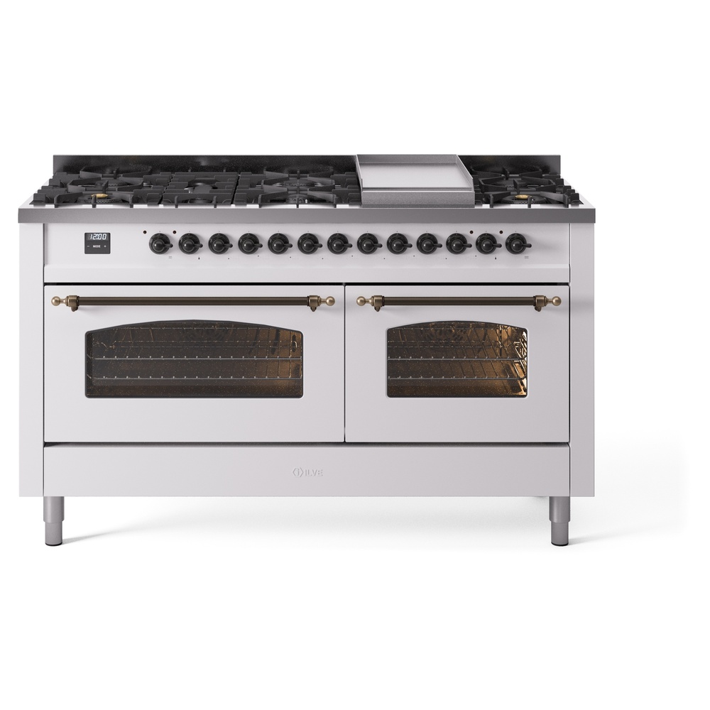 Nostalgie II 60 UP60FNMPWHB Freestanding Dual Fuel Range with 9 Sealed Burners with Griddle Double Oven with Triple Glass Door with Bronze knobs UP60FNMPWHB