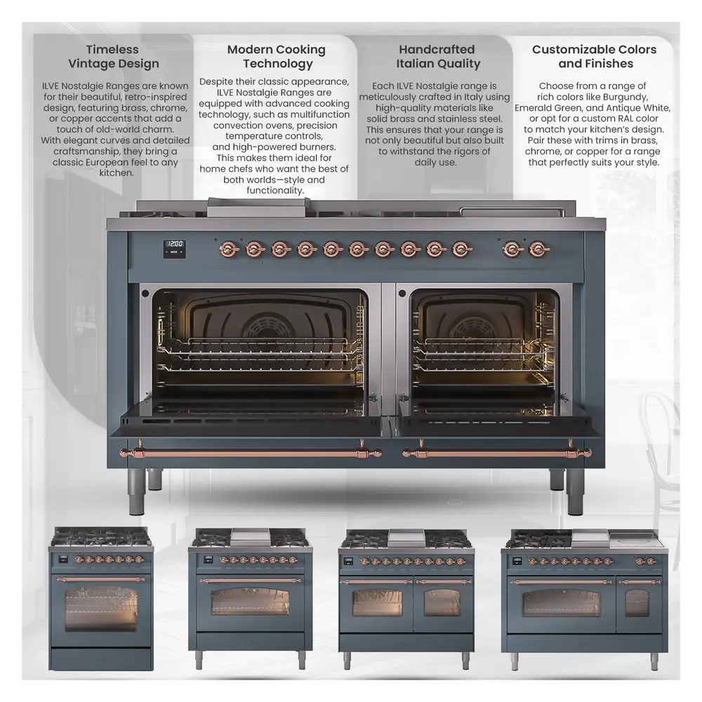 Nostalgie II 60 UP60FNMPWHB Freestanding Dual Fuel Range with 9 Sealed Burners with Griddle Double Oven with Triple Glass Door with Bronze knobs UP60FNMPWHB