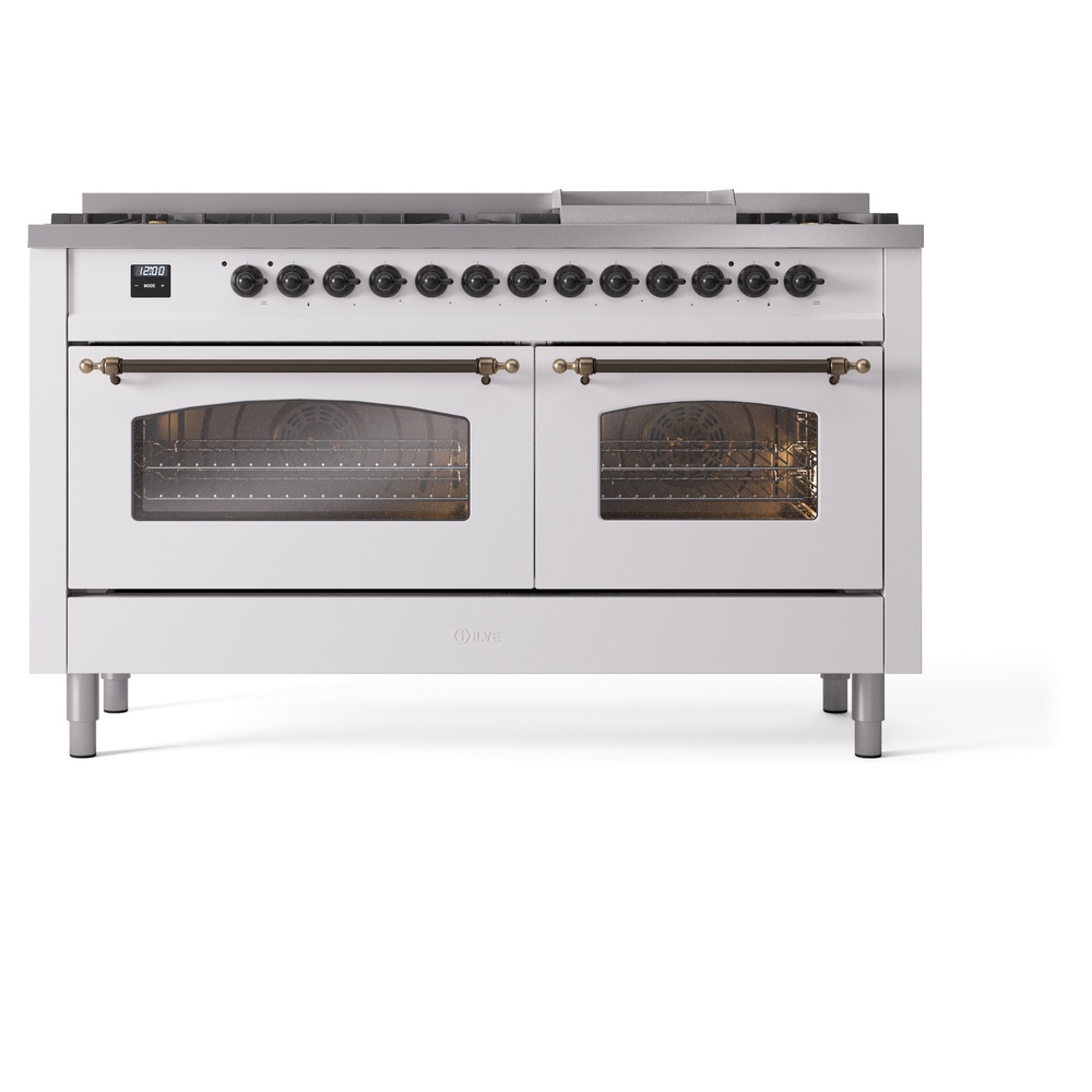 Nostalgie II 60 UP60FNMPWHB Freestanding Dual Fuel Range with 9 Sealed Burners with Griddle Double Oven with Triple Glass Door with Bronze knobs UP60FNMPWHB
