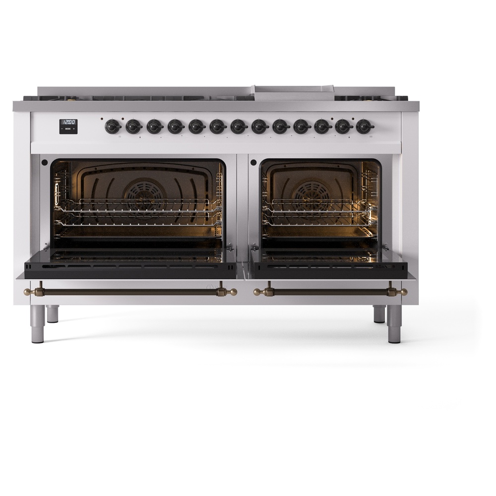 Nostalgie II 60 UP60FNMPWHB Freestanding Dual Fuel Range with 9 Sealed Burners with Griddle Double Oven with Triple Glass Door with Bronze knobs UP60FNMPWHB