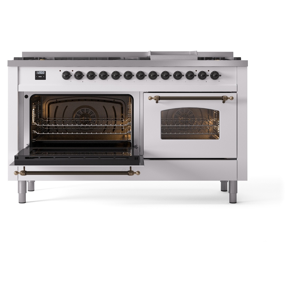Nostalgie II 60 UP60FNMPWHB Freestanding Dual Fuel Range with 9 Sealed Burners with Griddle Double Oven with Triple Glass Door with Bronze knobs UP60FNMPWHB