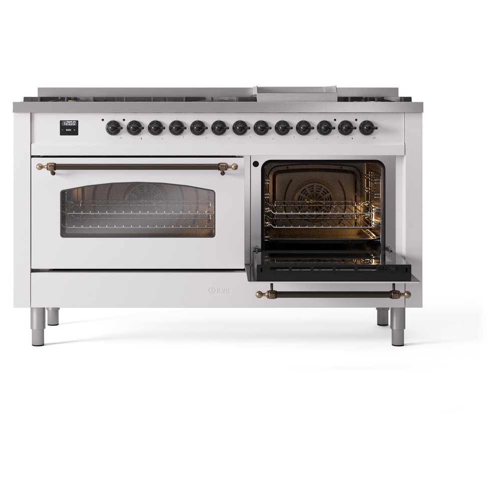 Nostalgie II 60 UP60FNMPWHB Freestanding Dual Fuel Range with 9 Sealed Burners with Griddle Double Oven with Triple Glass Door with Bronze knobs UP60FNMPWHB