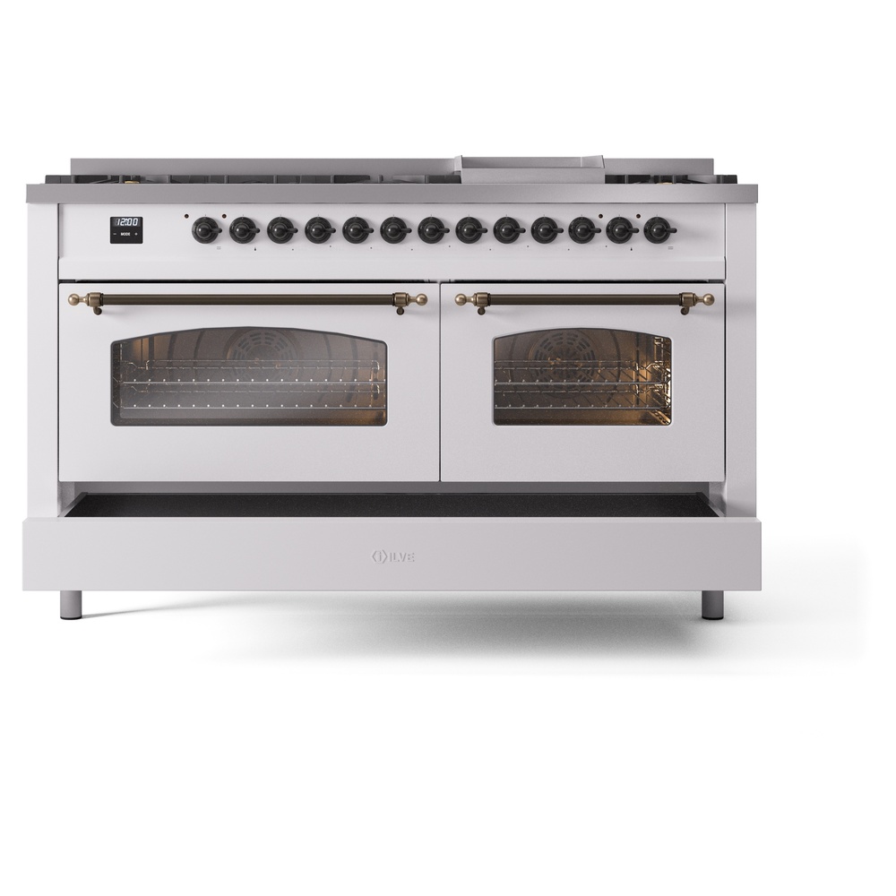 Nostalgie II 60 UP60FNMPWHB Freestanding Dual Fuel Range with 9 Sealed Burners with Griddle Double Oven with Triple Glass Door with Bronze knobs UP60FNMPWHB
