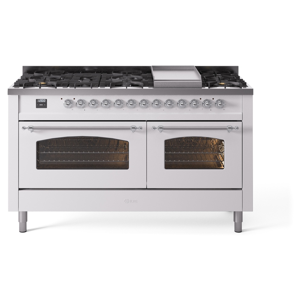 Nostalgie II 60 UP60FNMPWHC Freestanding Dual Fuel Range with 9 Sealed Burners with Griddle Double Oven with Triple Glass Door with Chrome knobs UP60FNMPWHCLP