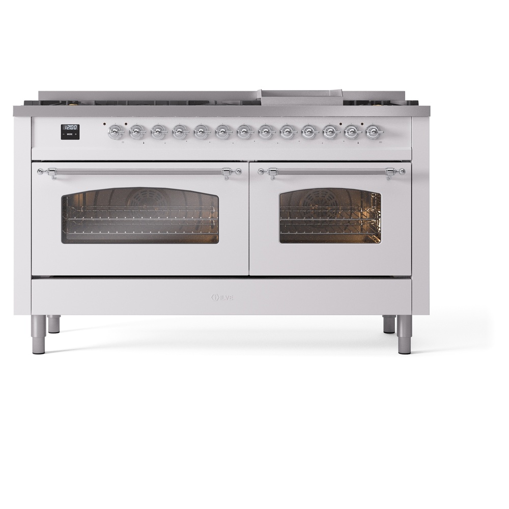 Nostalgie II 60 UP60FNMPWHC Freestanding Dual Fuel Range with 9 Sealed Burners with Griddle Double Oven with Triple Glass Door with Chrome knobs UP60FNMPWHCLP