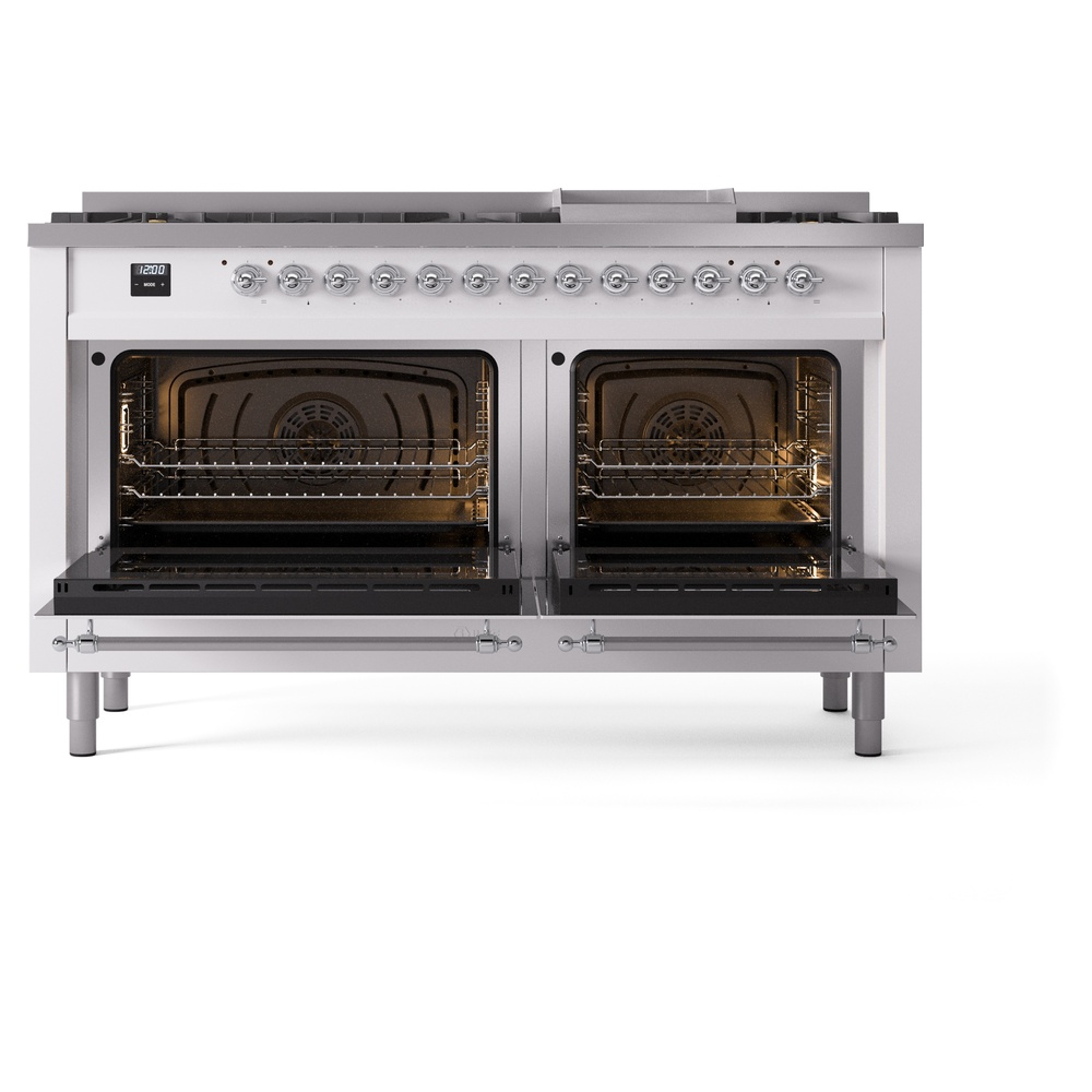 Nostalgie II 60 UP60FNMPWHC Freestanding Dual Fuel Range with 9 Sealed Burners with Griddle Double Oven with Triple Glass Door with Chrome knobs UP60FNMPWHCLP