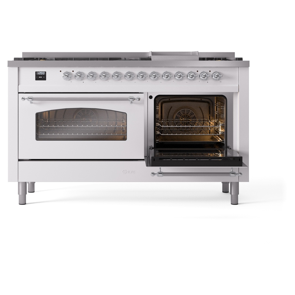 Nostalgie II 60 UP60FNMPWHC Freestanding Dual Fuel Range with 9 Sealed Burners with Griddle Double Oven with Triple Glass Door with Chrome knobs UP60FNMPWHCLP