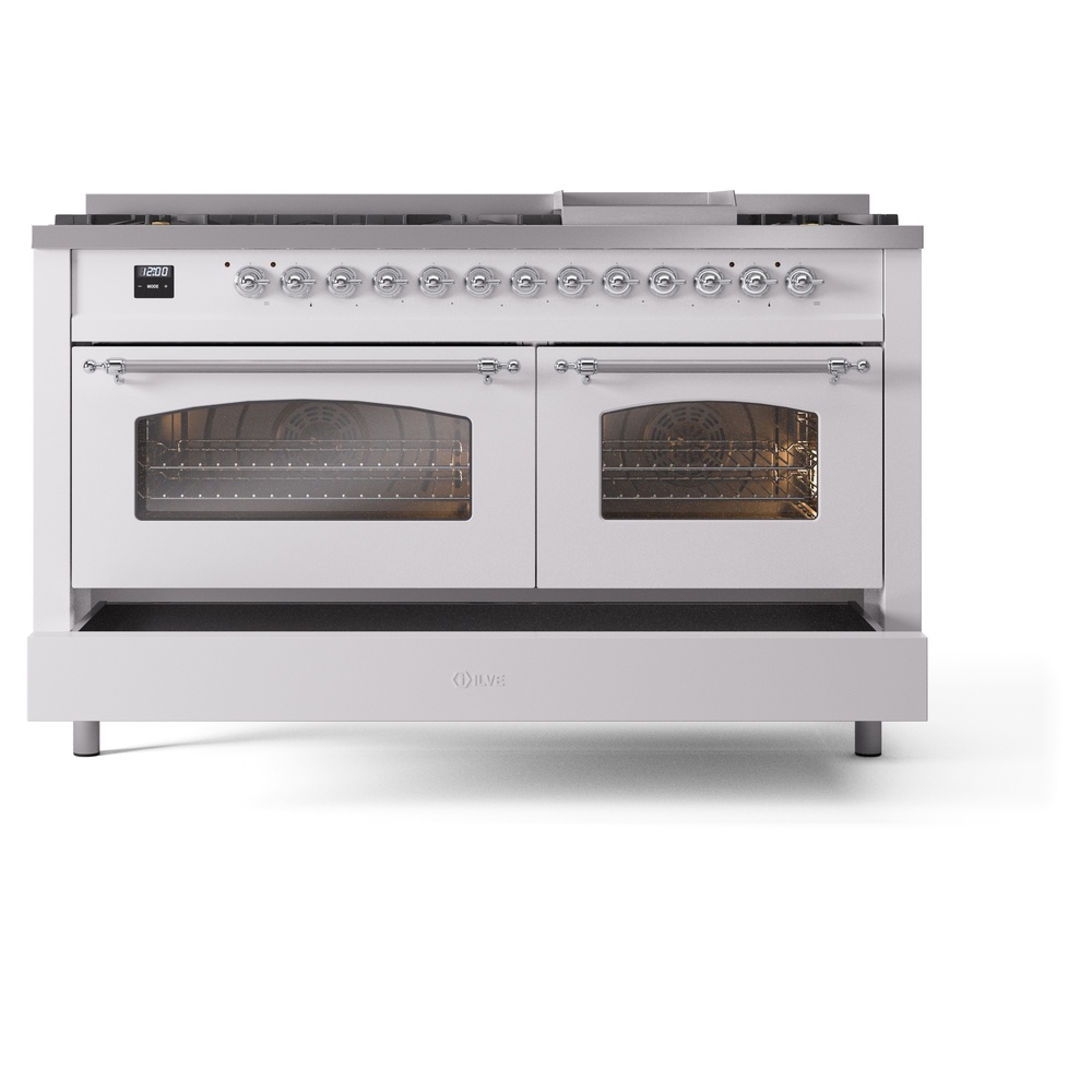 Nostalgie II 60 UP60FNMPWHC Freestanding Dual Fuel Range with 9 Sealed Burners with Griddle Double Oven with Triple Glass Door with Chrome knobs UP60FNMPWHCLP