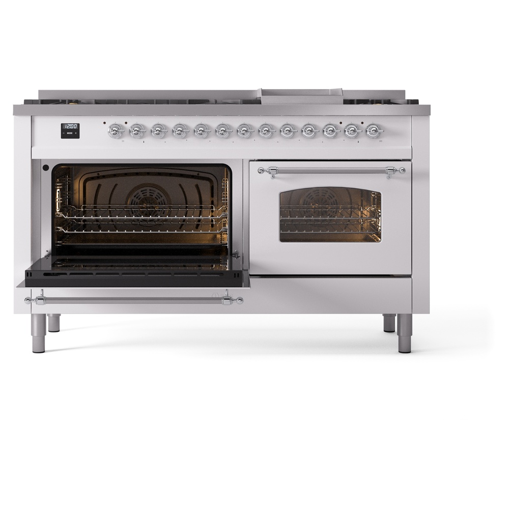 Nostalgie II 60 UP60FNMPWHC Freestanding Dual Fuel Range with 9 Sealed Burners with Griddle Double Oven with Triple Glass Door with Chrome knobs UP60FNMPWHC