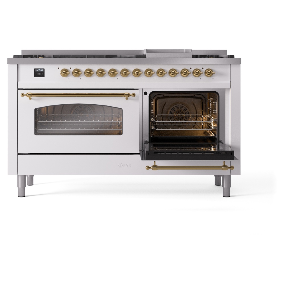 Nostalgie II 60 UP60FNMPWHG Freestanding Dual Fuel Range with 9 Sealed Burners with Griddle Double Oven with Triple Glass Door with Brass knobs UP60FNMPWHGLP