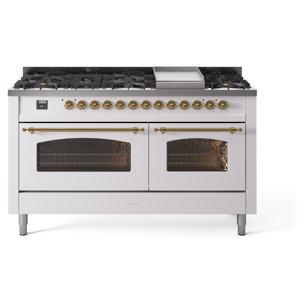 Nostalgie II 60 UP60FNMPWHG Freestanding Dual Fuel Range with 9 Sealed Burners with Griddle Double Oven with Triple Glass Door with Brass knobs UP60FNMPWHG