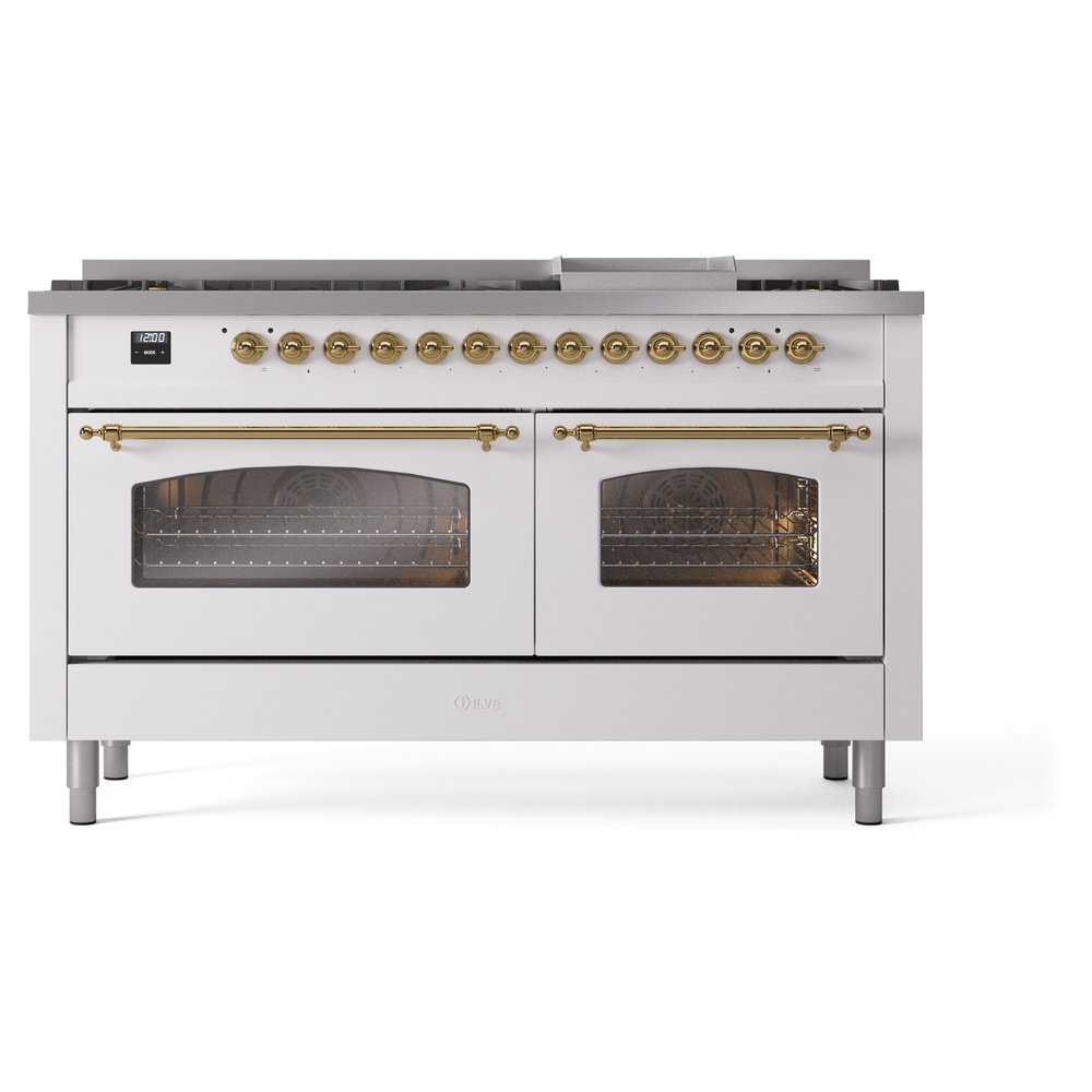 Nostalgie II 60 UP60FNMPWHG Freestanding Dual Fuel Range with 9 Sealed Burners with Griddle Double Oven with Triple Glass Door with Brass knobs UP60FNMPWHG