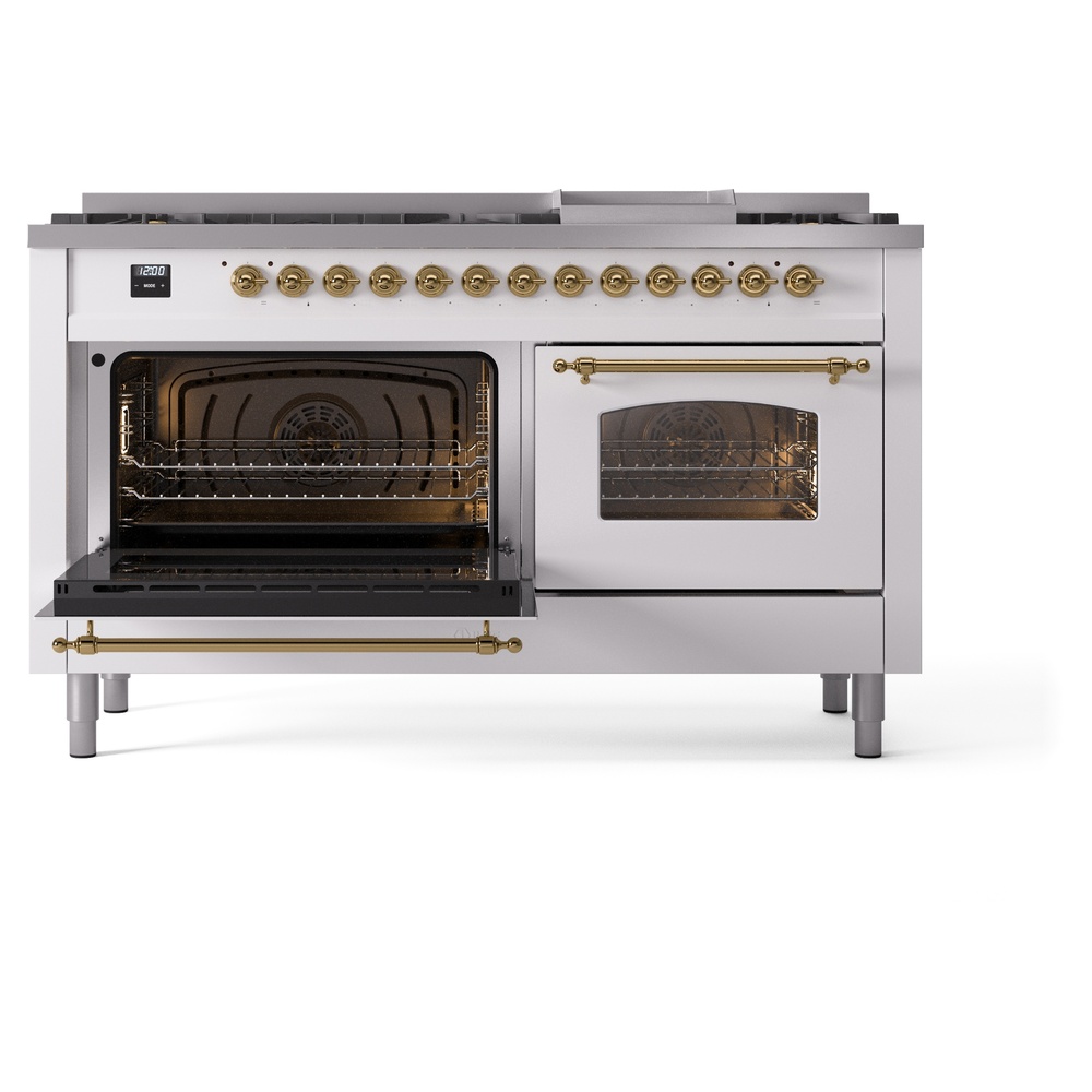Nostalgie II 60 UP60FNMPWHG Freestanding Dual Fuel Range with 9 Sealed Burners with Griddle Double Oven with Triple Glass Door with Brass knobs UP60FNMPWHG