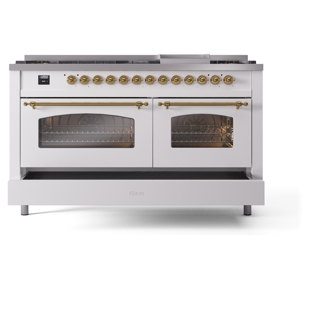 Nostalgie II 60 UP60FNMPWHG Freestanding Dual Fuel Range with 9 Sealed Burners with Griddle Double Oven with Triple Glass Door with Brass knobs UP60FNMPWHG