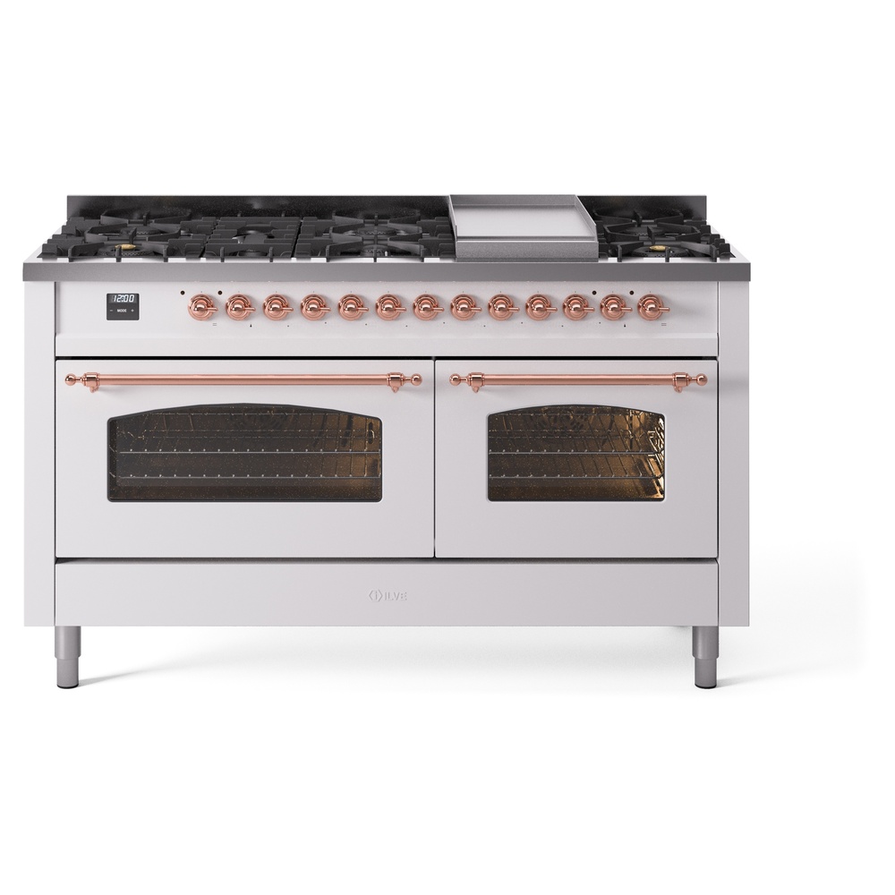 Nostalgie II 60 UP60FNMPWHP Freestanding Dual Fuel Range with 9 Sealed Burners with Griddle Double Oven with Triple Glass Door with Copper knobs UP60FNMPWHP