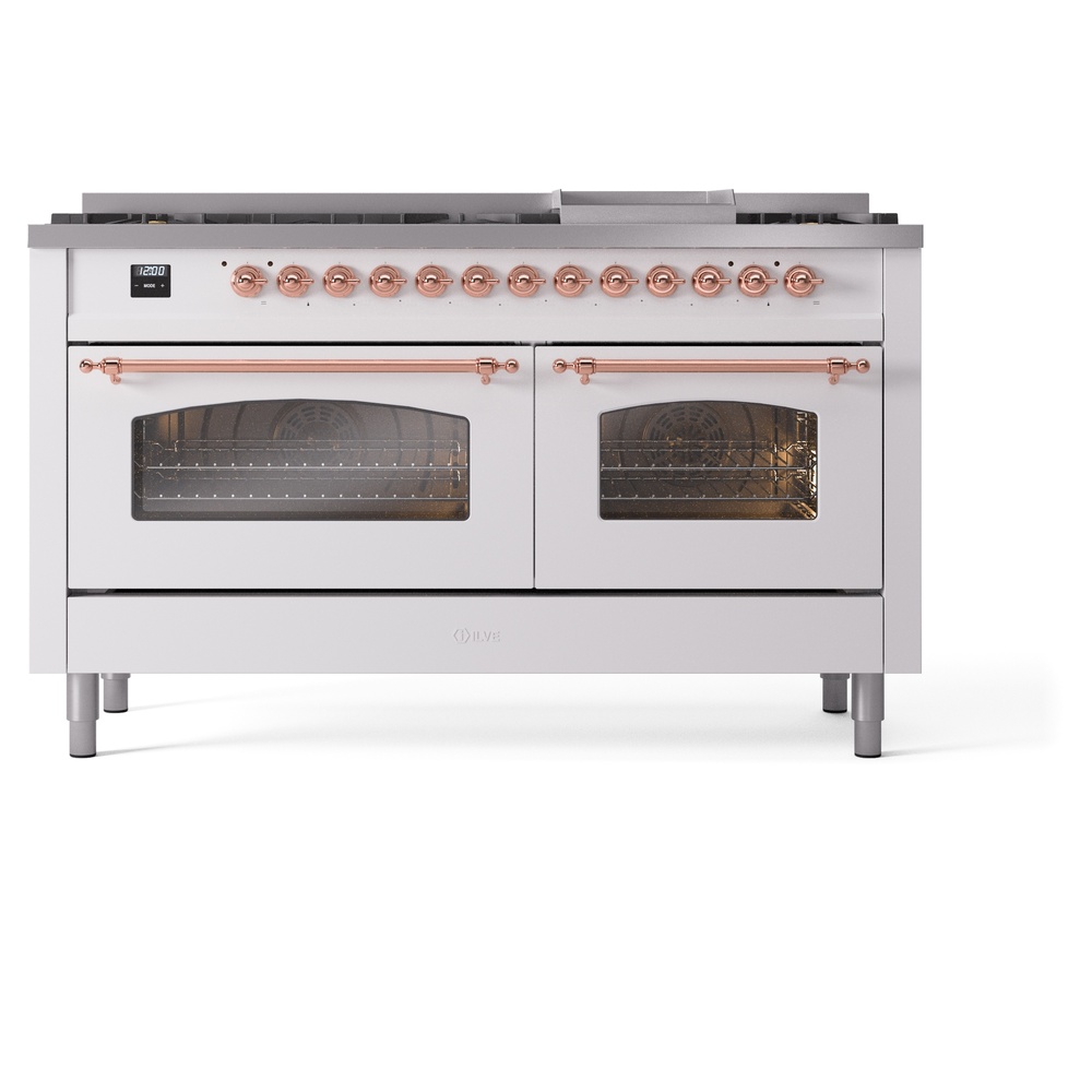 Nostalgie II 60 UP60FNMPWHP Freestanding Dual Fuel Range with 9 Sealed Burners with Griddle Double Oven with Triple Glass Door with Copper knobs UP60FNMPWHP