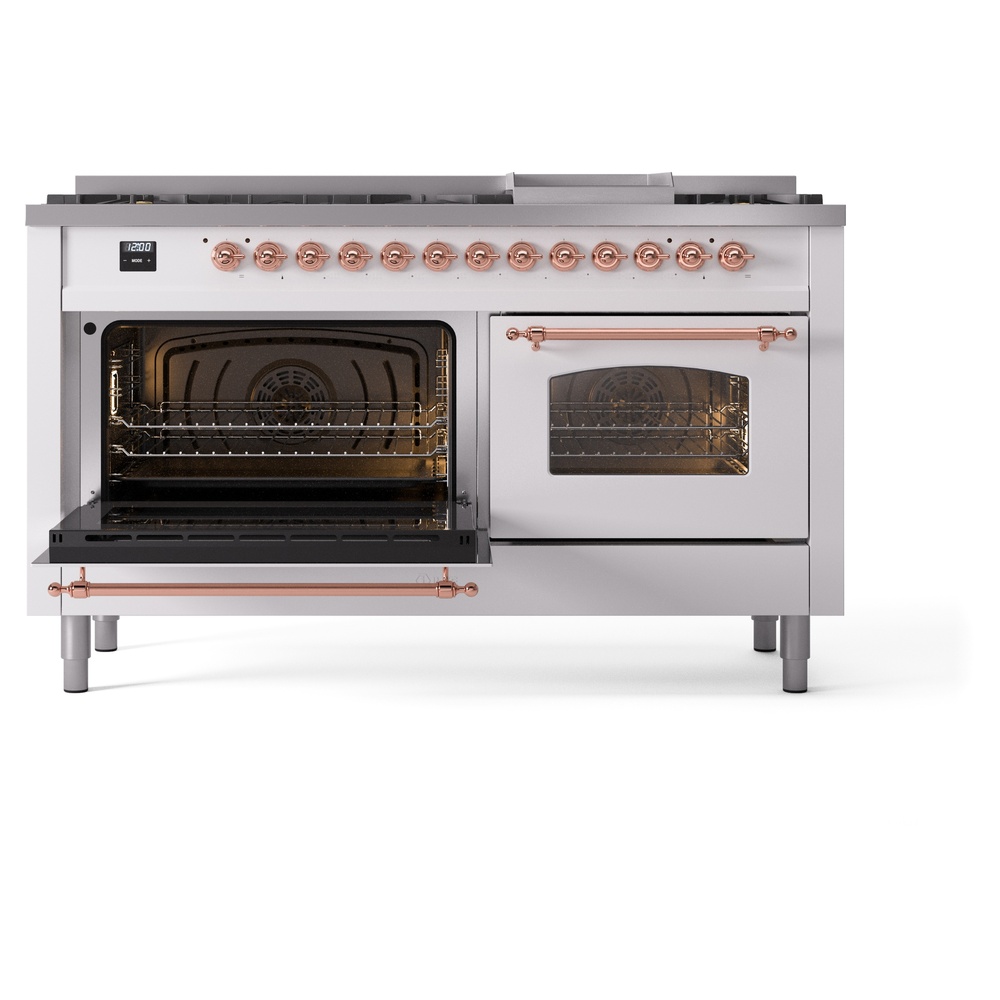 Nostalgie II 60 UP60FNMPWHP Freestanding Dual Fuel Range with 9 Sealed Burners with Griddle Double Oven with Triple Glass Door with Copper knobs UP60FNMPWHP