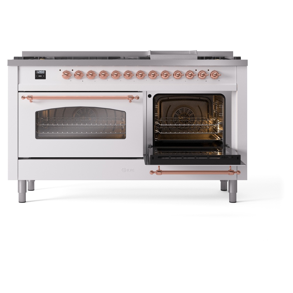 Nostalgie II 60 UP60FNMPWHP Freestanding Dual Fuel Range with 9 Sealed Burners with Griddle Double Oven with Triple Glass Door with Copper knobs UP60FNMPWHP
