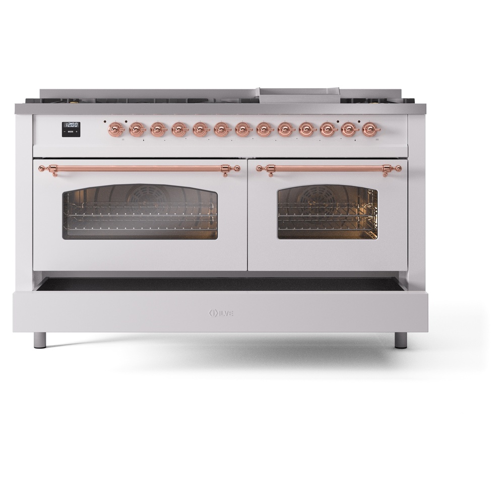 Nostalgie II 60 UP60FNMPWHP Freestanding Dual Fuel Range with 9 Sealed Burners with Griddle Double Oven with Triple Glass Door with Copper knobs UP60FNMPWHP