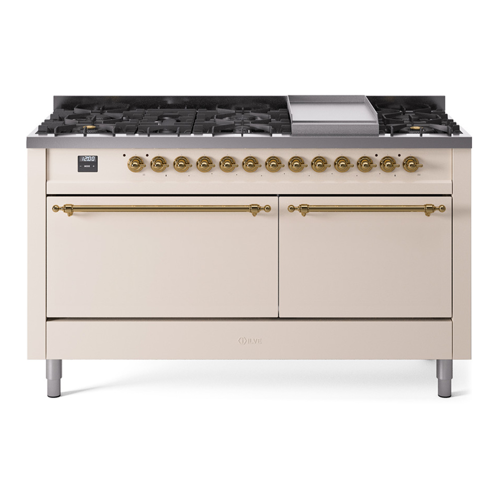 Nostalgie II 60 UP60FQNMPAWG Freestanding Dual Fuel Range with 9 Sealed Burners with Griddle Double Oven with Solid Door with Brass knobs UP60FQNMPAWG