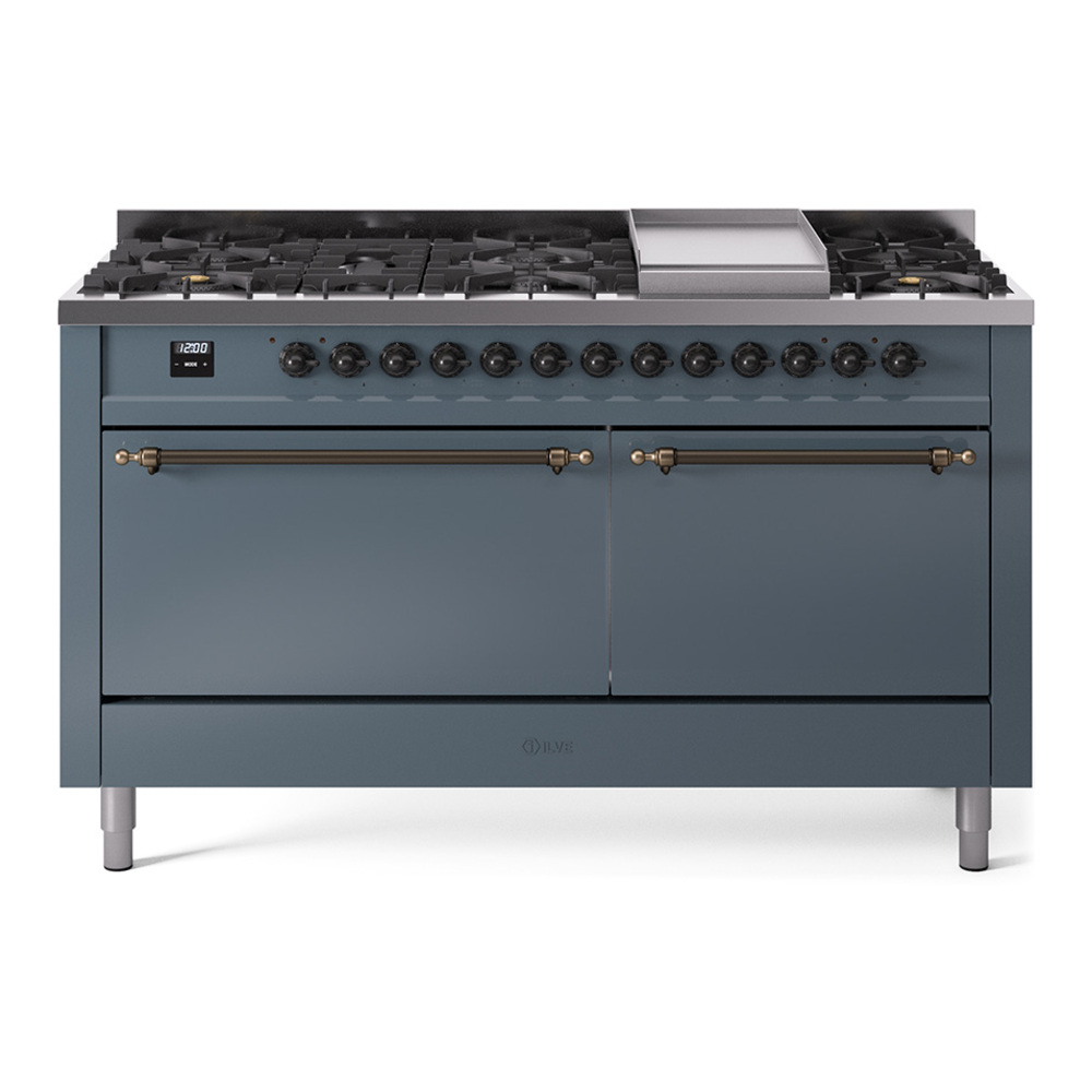 Nostalgie II 60 UP60FQNMPBGB Freestanding Dual Fuel Range with 9 Sealed Burners with Griddle Double Oven with Solid Door with Bronze knobs UP60FQNMPBGBLP