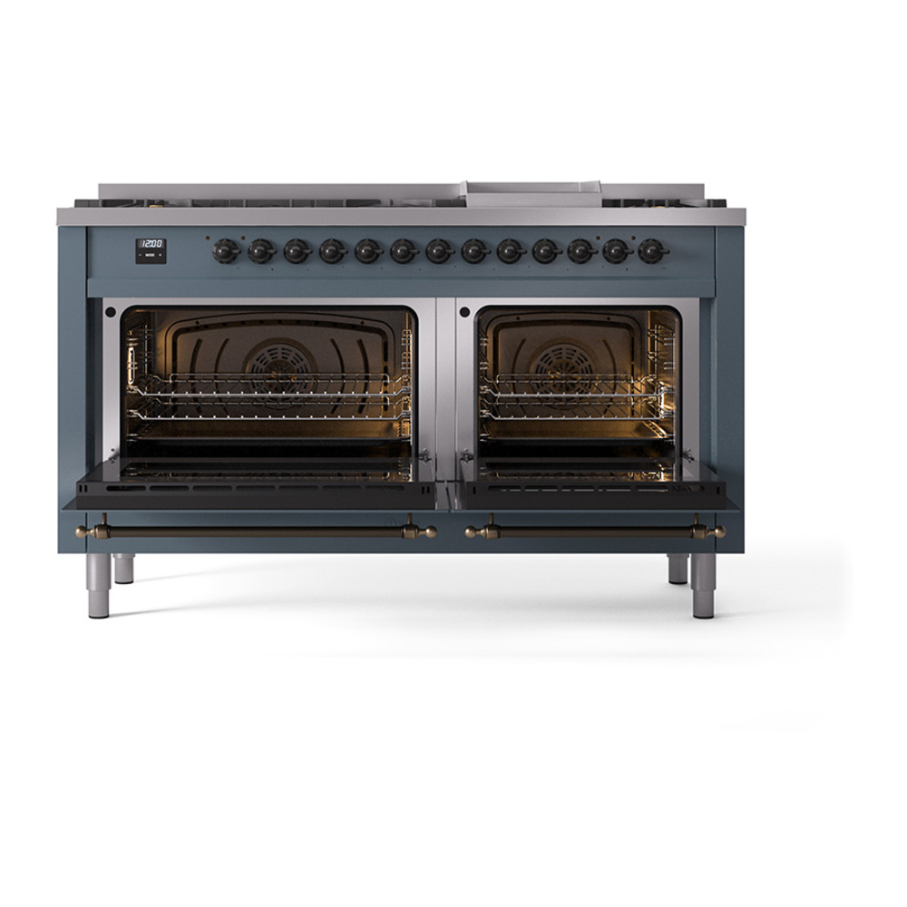 Nostalgie II 60 UP60FQNMPBGB Freestanding Dual Fuel Range with 9 Sealed Burners with Griddle Double Oven with Solid Door with Bronze knobs UP60FQNMPBGB