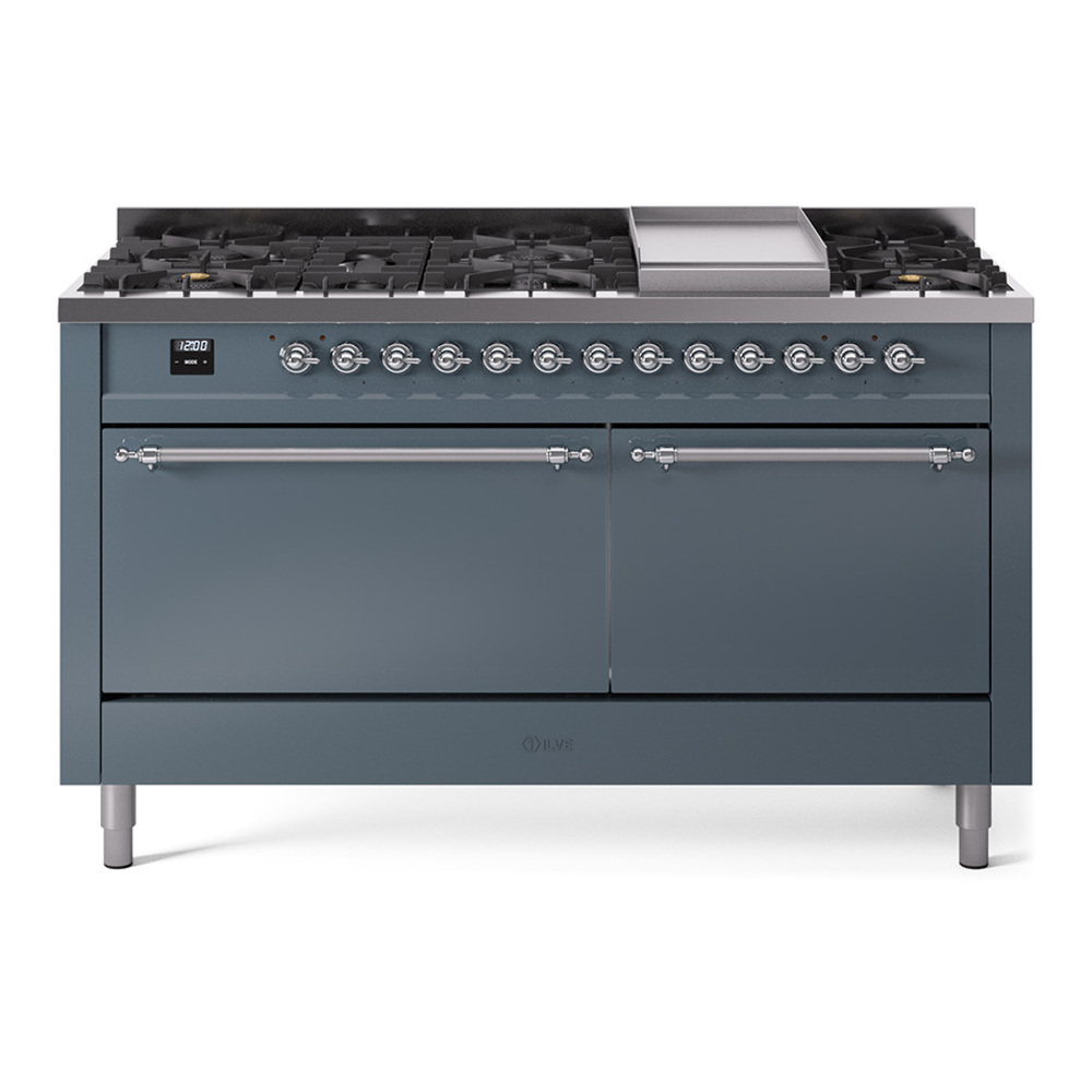 Nostalgie II 60 UP60FQNMPBGC Freestanding Dual Fuel Range with 9 Sealed Burners with Griddle Double Oven with Solid Door with Chrome knobs UP60FQNMPBGC