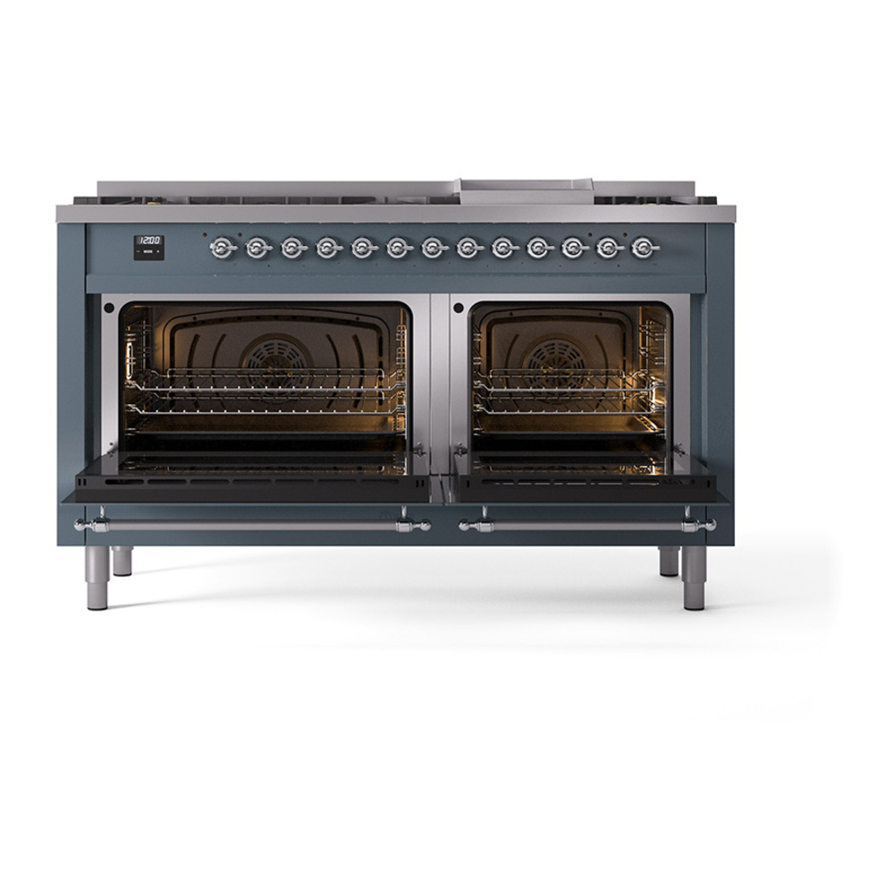 Nostalgie II 60 UP60FQNMPBGC Freestanding Dual Fuel Range with 9 Sealed Burners with Griddle Double Oven with Solid Door with Chrome knobs UP60FQNMPBGC