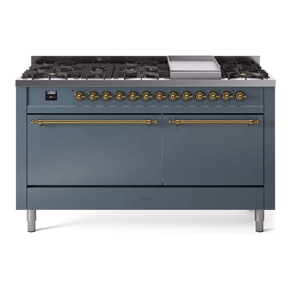 Nostalgie II 60 UP60FQNMPBGG Freestanding Dual Fuel Range with 9 Sealed Burners with Griddle Double Oven with Solid Door with Brass knobs UP60FQNMPBGG