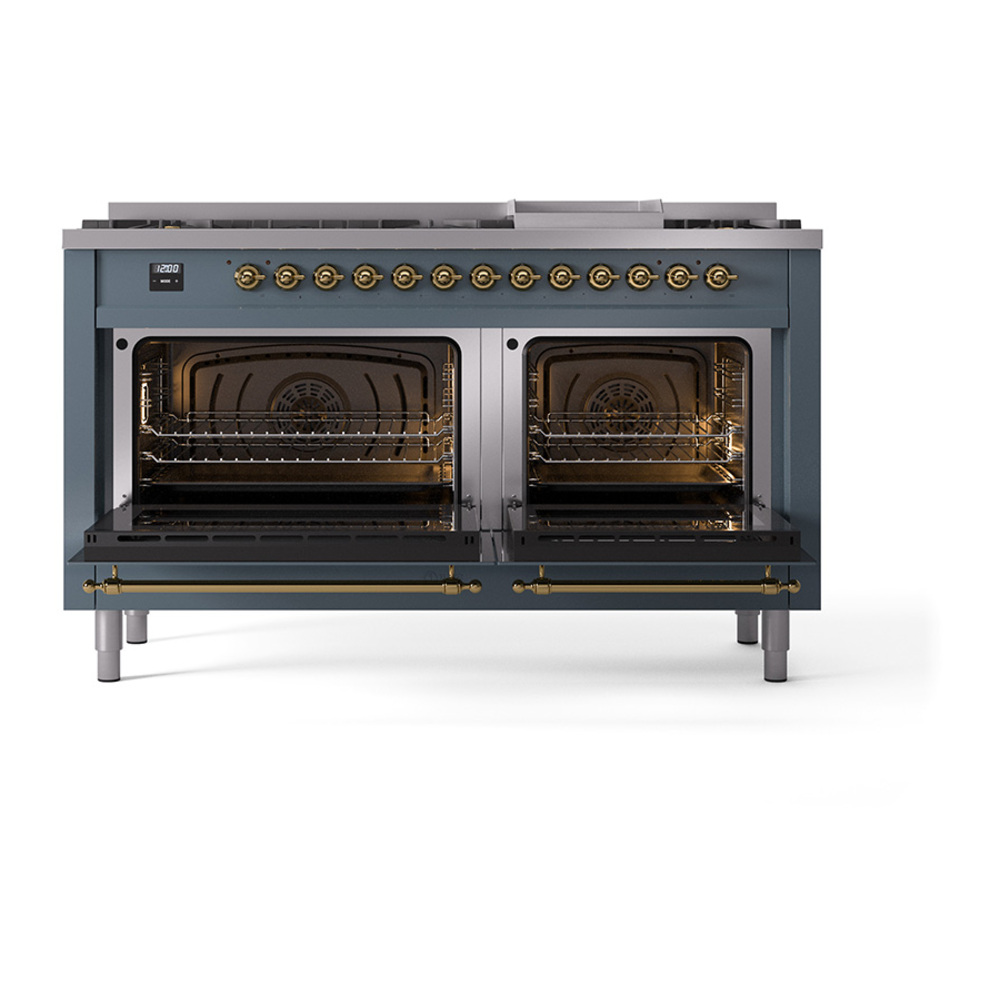 Nostalgie II 60 UP60FQNMPBGG Freestanding Dual Fuel Range with 9 Sealed Burners with Griddle Double Oven with Solid Door with Brass knobs UP60FQNMPBGG