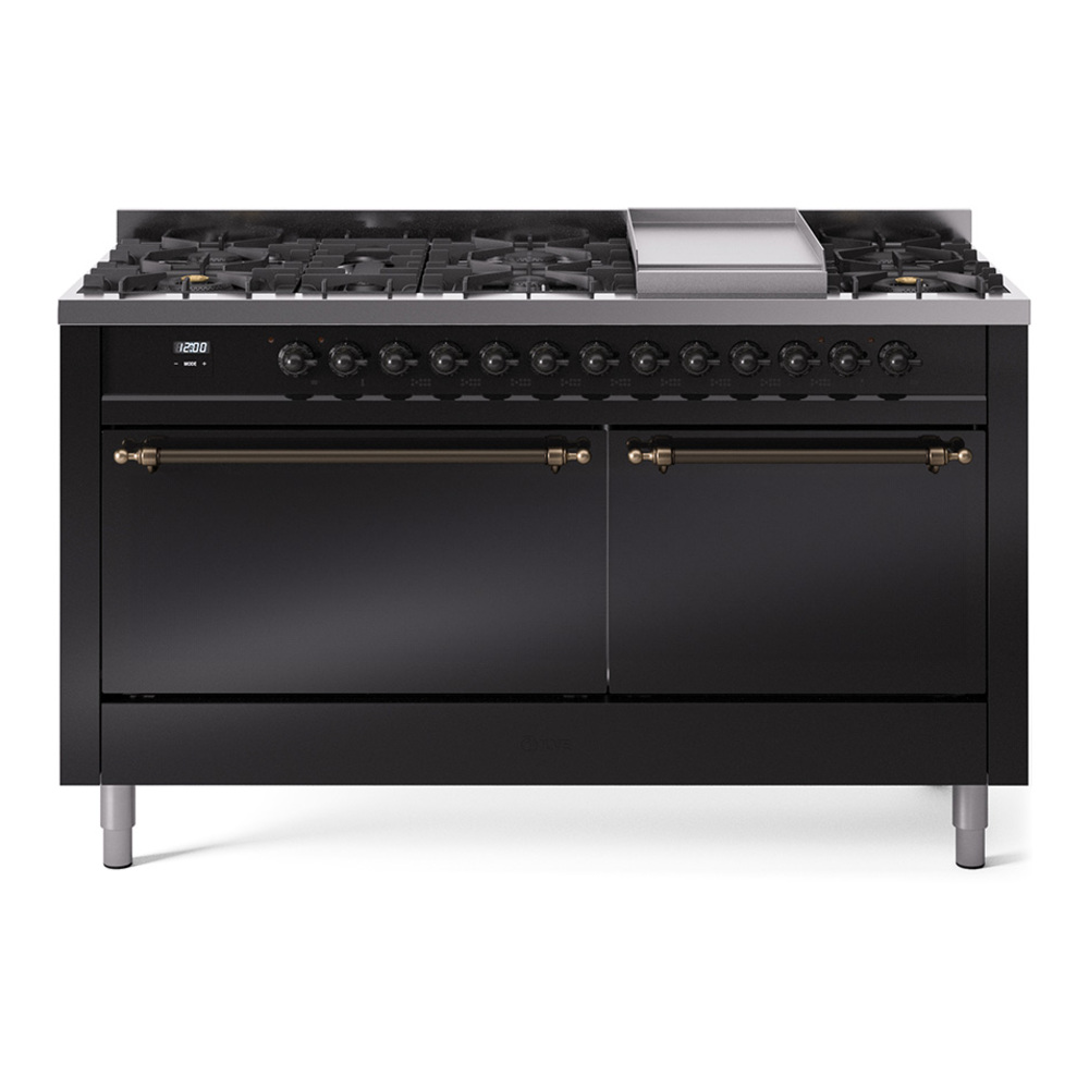 Nostalgie II 60 UP60FQNMPBKB Freestanding Dual Fuel Range with 9 Sealed Burners with Griddle Double Oven with Solid Door with Bronze knobs UP60FQNMPBKBLP
