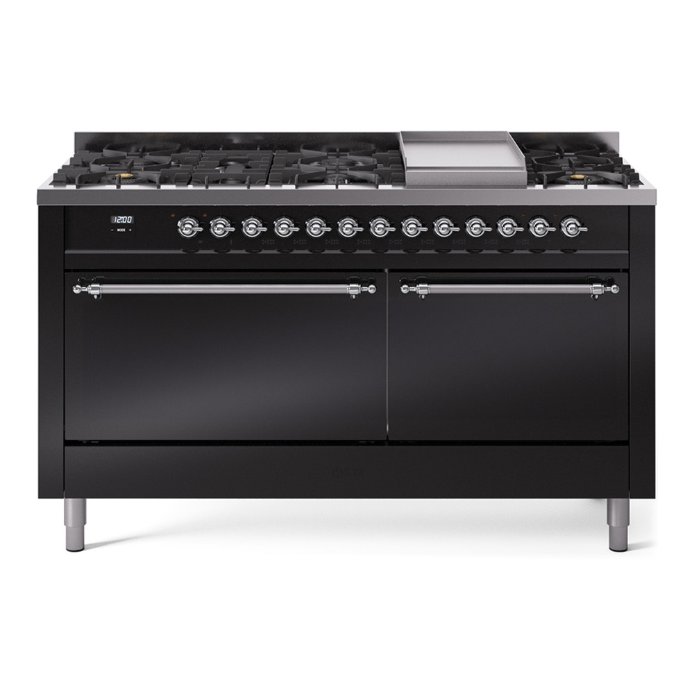 Nostalgie II 60 UP60FQNMPBKC Freestanding Dual Fuel Range with 9 Sealed Burners with Griddle Double Oven with Solid Door with Chrome knobs UP60FQNMPBKCLP